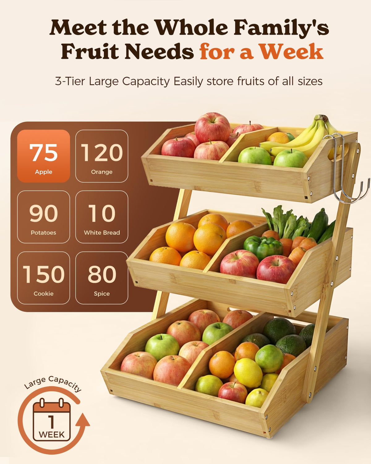 3-Tier Bamboo Fruit Basket with 2 Banana Holders D48761