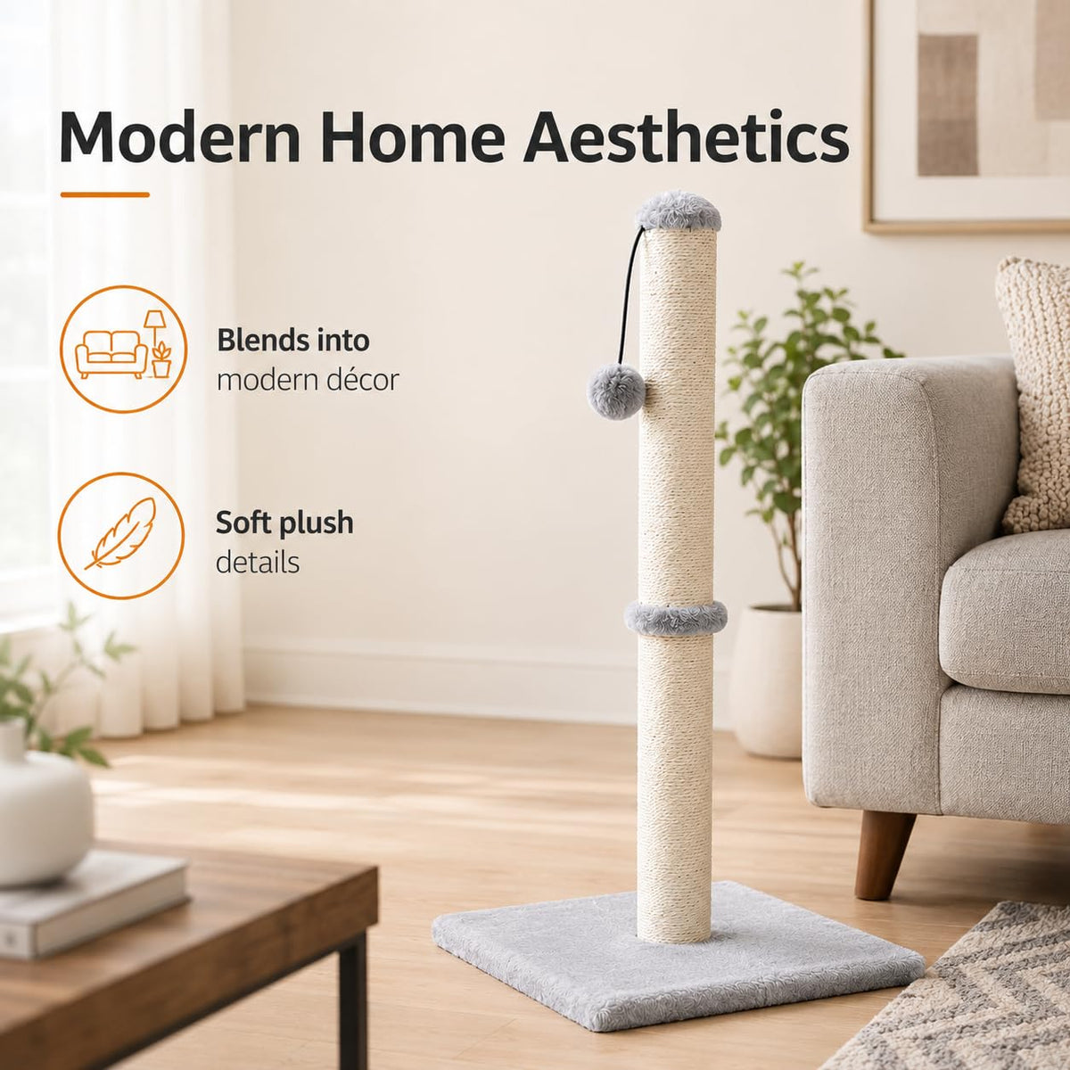Tall Cat Scratching Post with Sisal Rope, Grey A798728