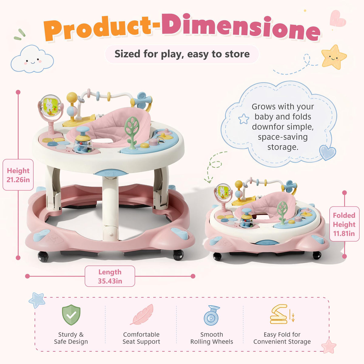 Foldable Baby Walker with Wheels and Rotating Seat S360750