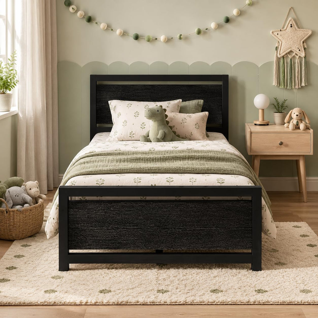 Twin Bed Frame with Headboard and Under-Bed Storage, Black W2375