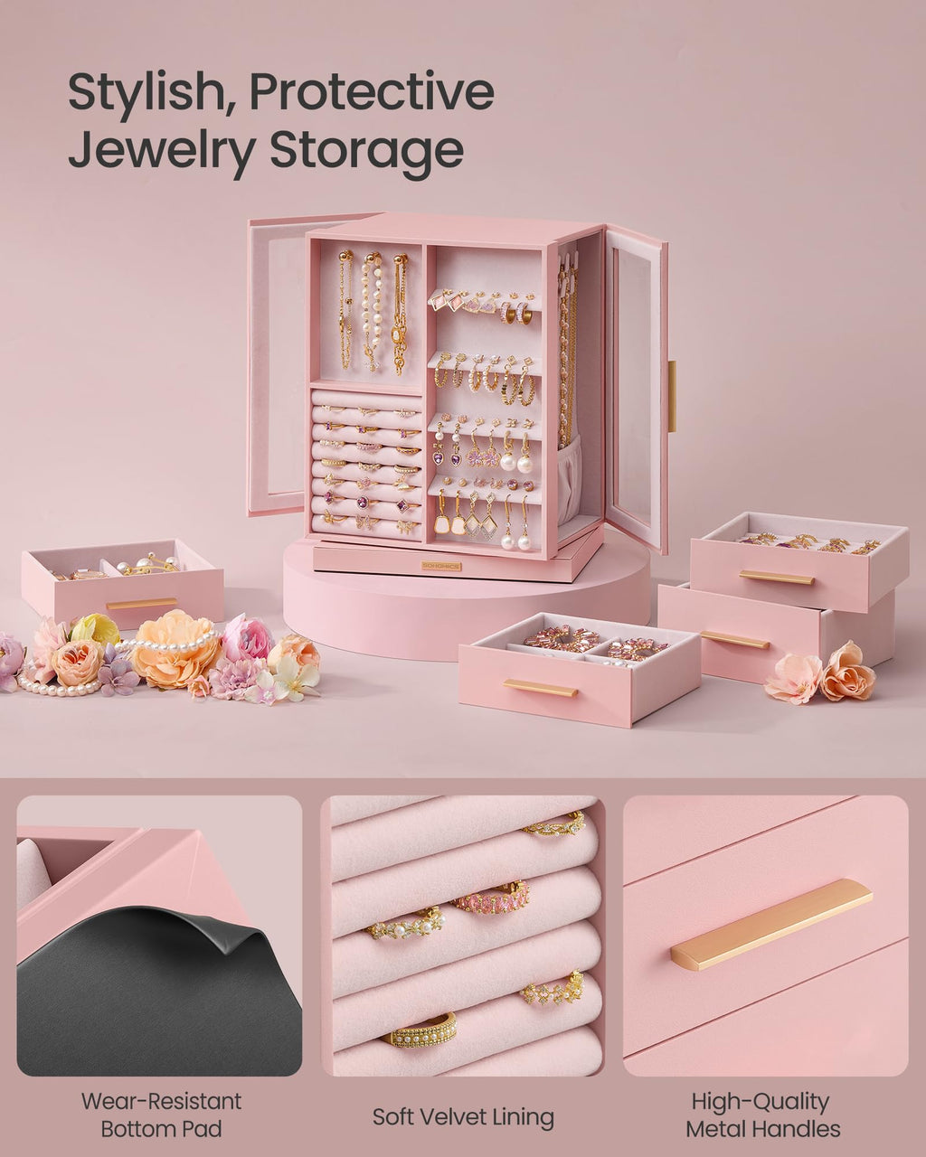 Jelly Pink 5 Drawers Rotating Jewelry Box Organizer V816654