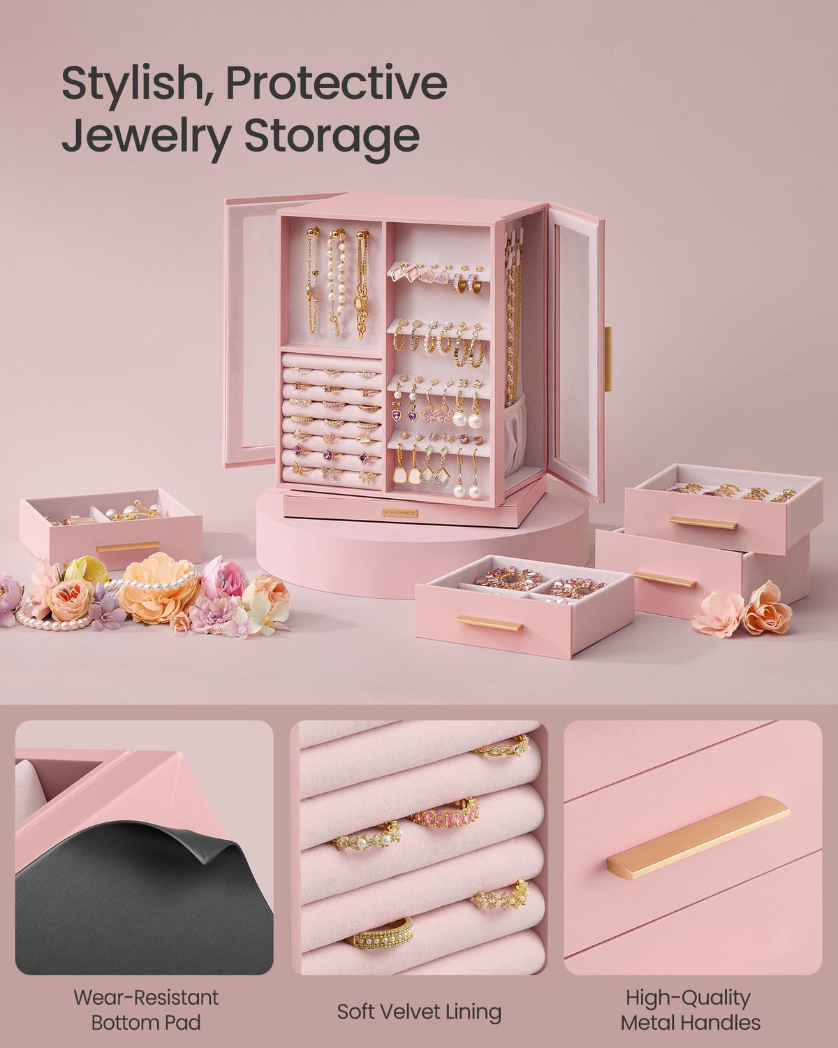 Jelly Pink 5 Drawers Rotating Jewelry Box Organizer V816654