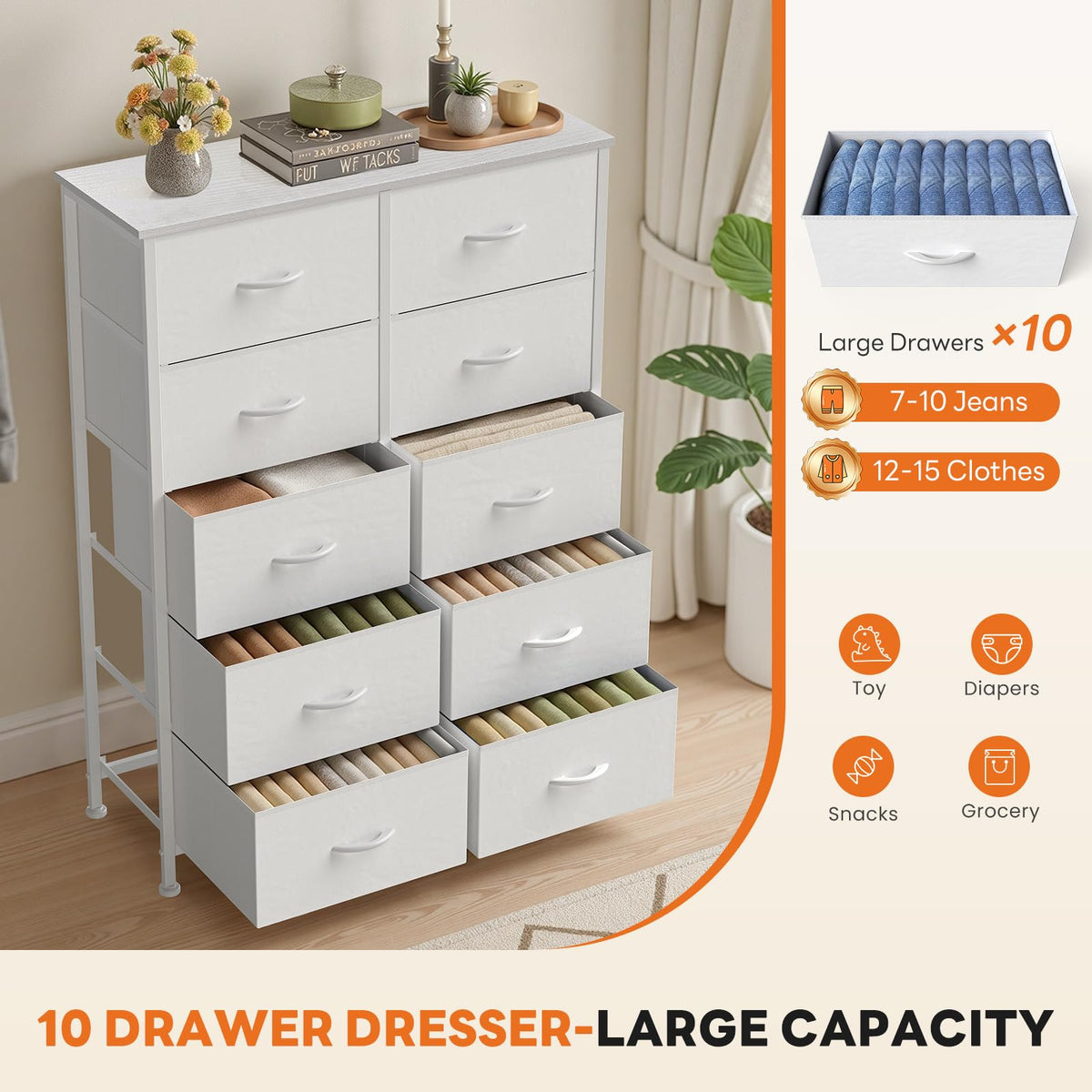 White 10 Drawer Tall Dresser A349