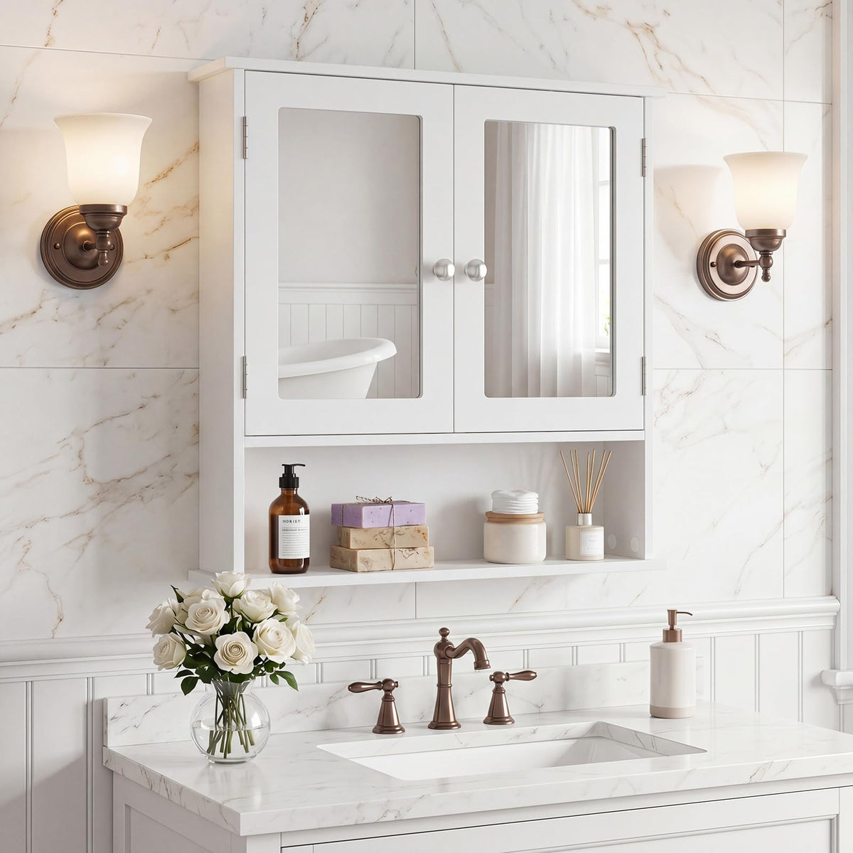 Wall Mounted Mirror Medicine Cabinet with Doors and Shelves O5082