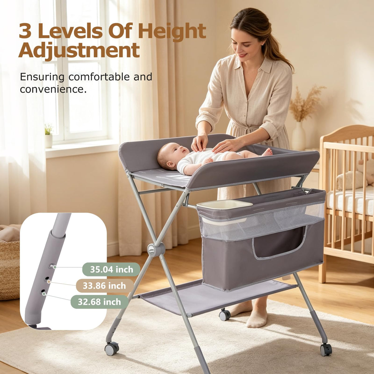 Baby Changing Table with Wheels, Portable Adjustable Folding Diaper Station with Storage R492329