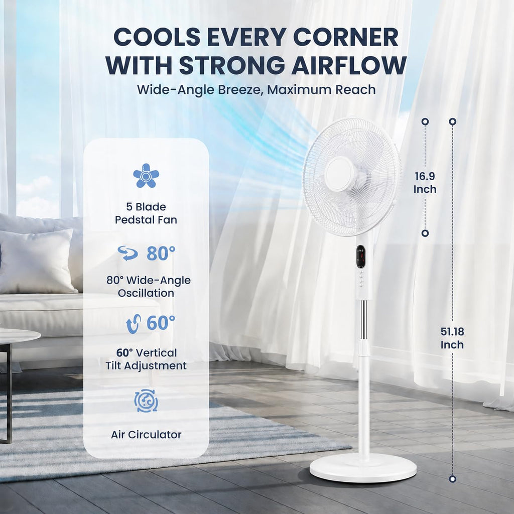 16 inch Quiet Oscillating Pedestal Fan with Adjustable Height & Tilt, White T343963