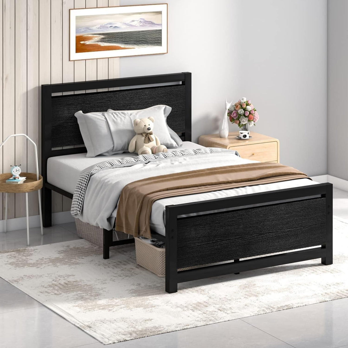 Twin Bed Frame with Headboard and Under-Bed Storage, Black W2375