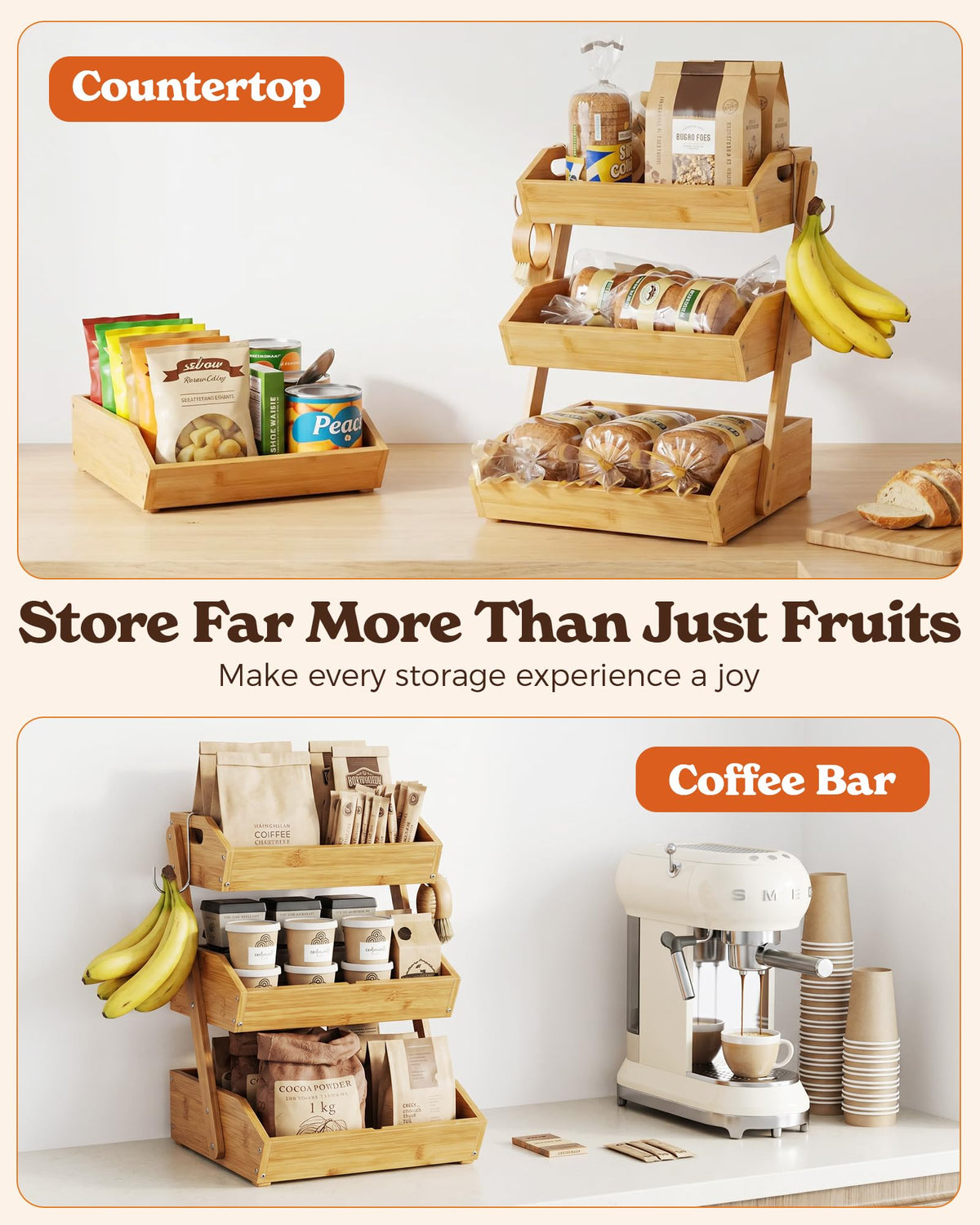 3-Tier Bamboo Fruit Basket with 2 Banana Holders D48761