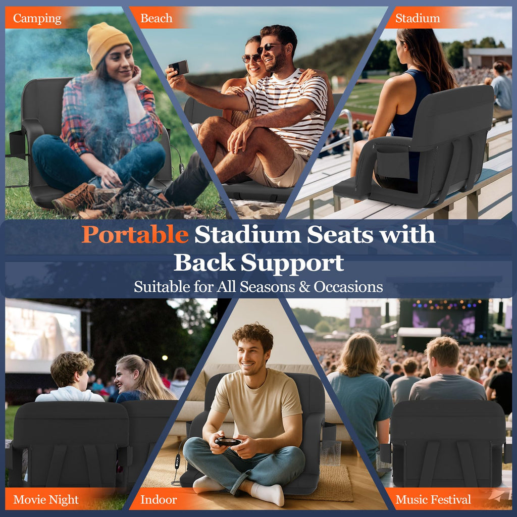 23" Heated Stadium Seats with Back Support, 2.5" Thick Cushion, 2PC E599