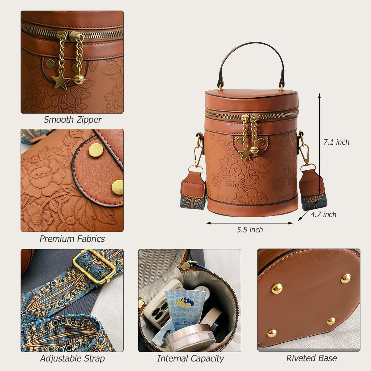 Round Barrel Bucket Bag Embossed Vegan Leather Crossbody Handbag D8556