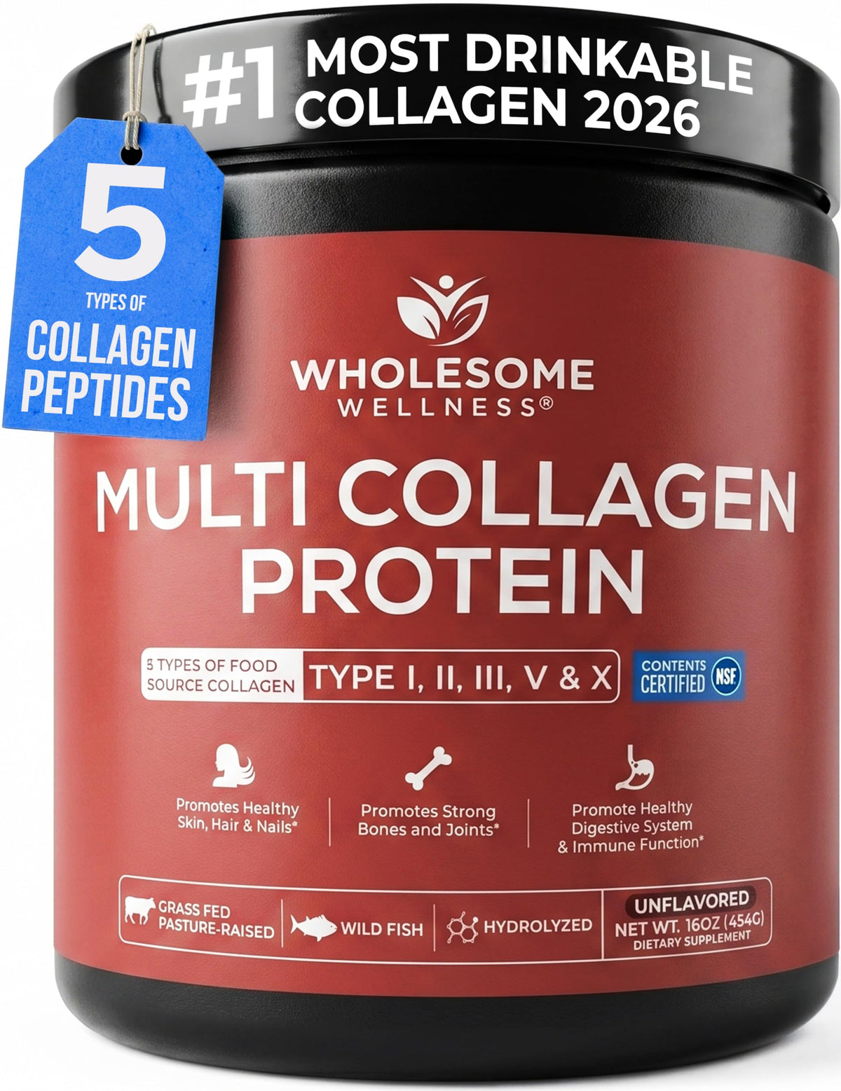 Multi Collagen Peptides Protein Powder, 5 Types Hydrolyzed, Grass-Fed, Non-GMO, Unflavored J48511