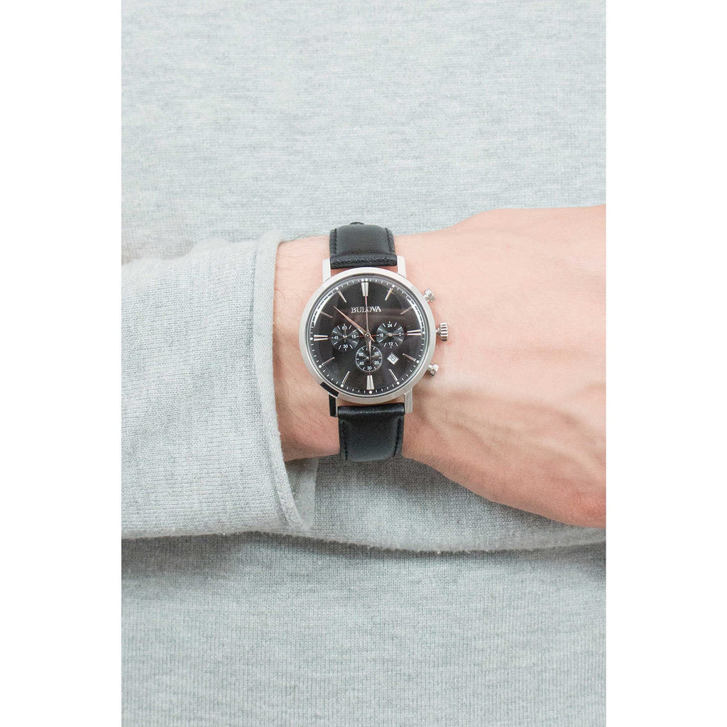 Men's Stainless Steel Chronograph Watch with Black Leather Strap T2427