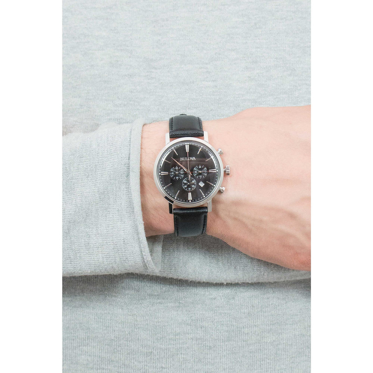 Men's Stainless Steel Chronograph Watch with Black Leather Strap T2427