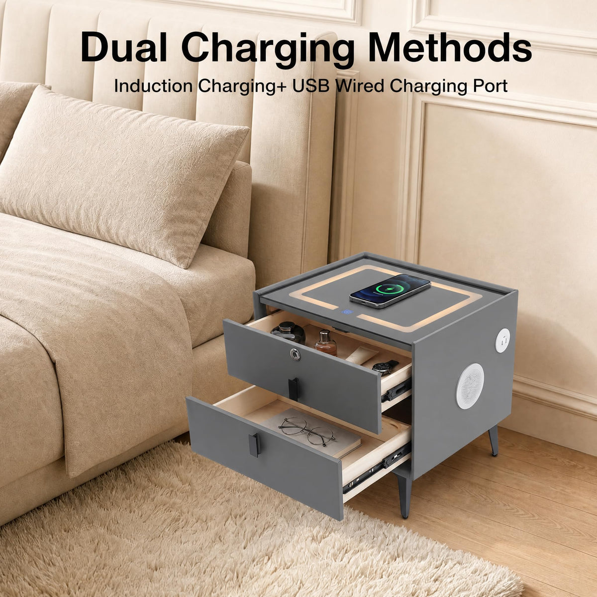 Nightstand with Charging Station, 2 Drawers, Fingerprint Lock, LED Light B94461