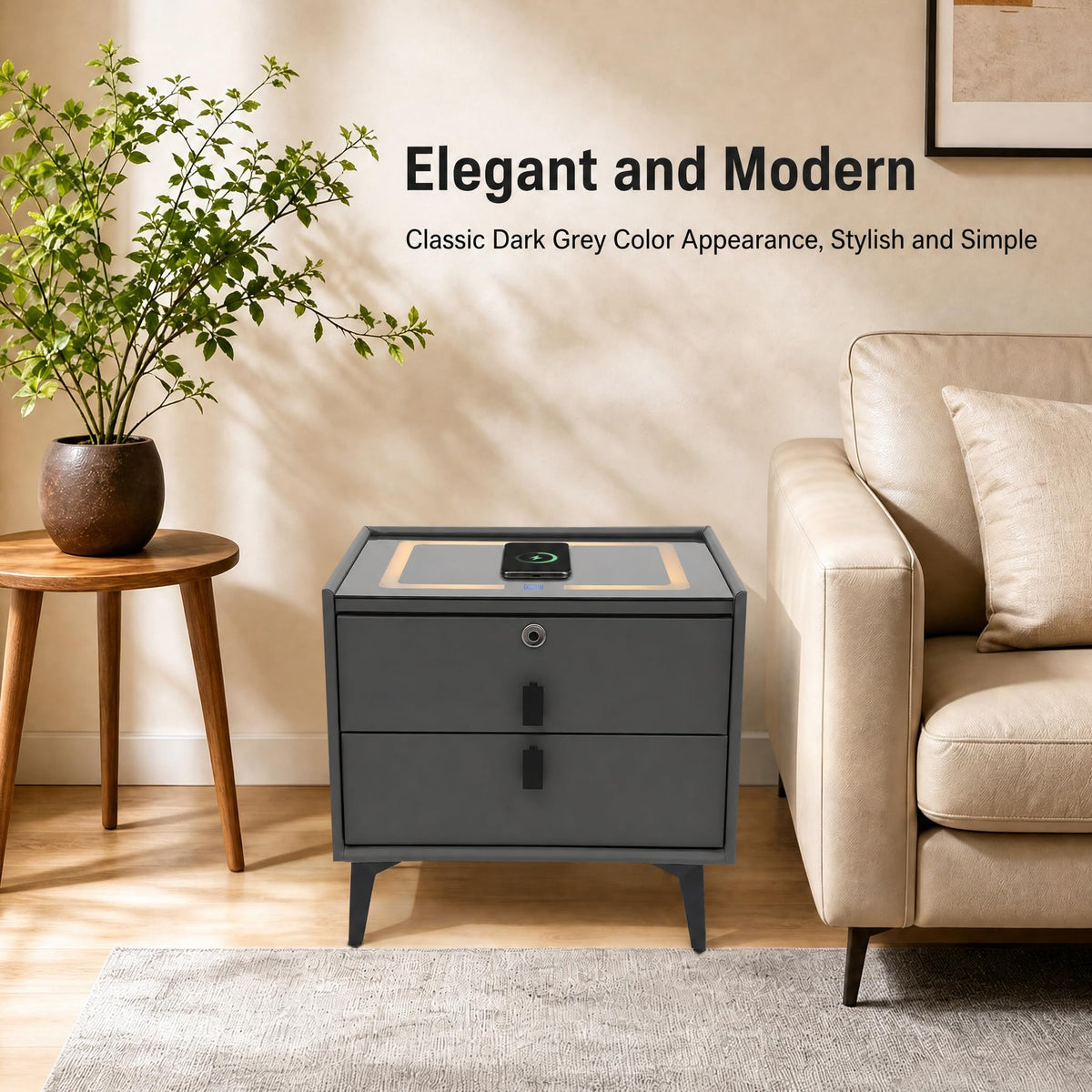 Nightstand with Charging Station, 2 Drawers, Fingerprint Lock, LED Light B94461