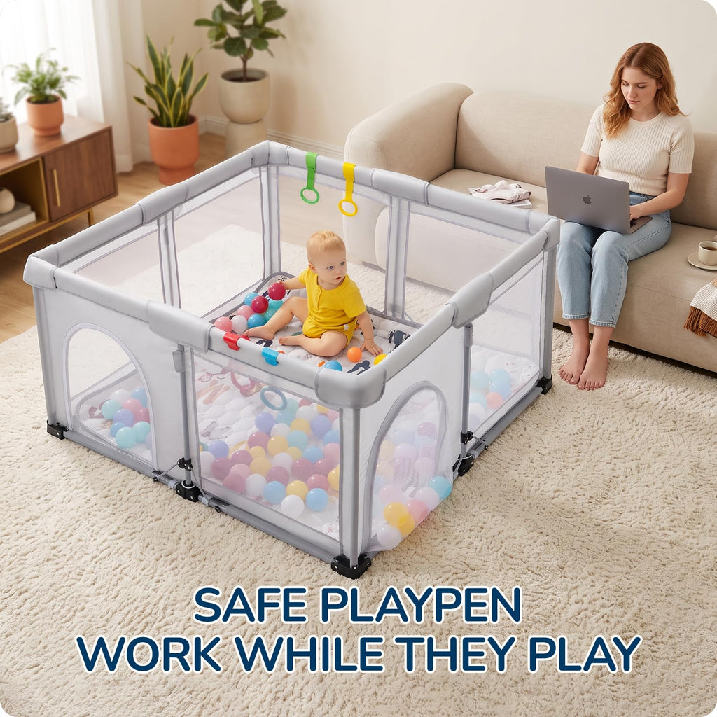 Foldable Lightweight Portable Playpen with Carry Bag, 50"x50" Light Gray N873