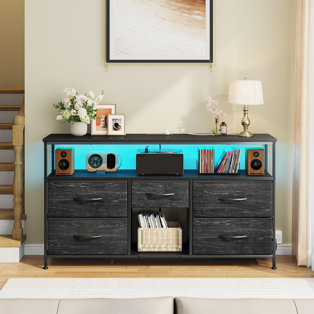 Black TV Stand with LED & Outlets, 5-Drawer Storage Y274249