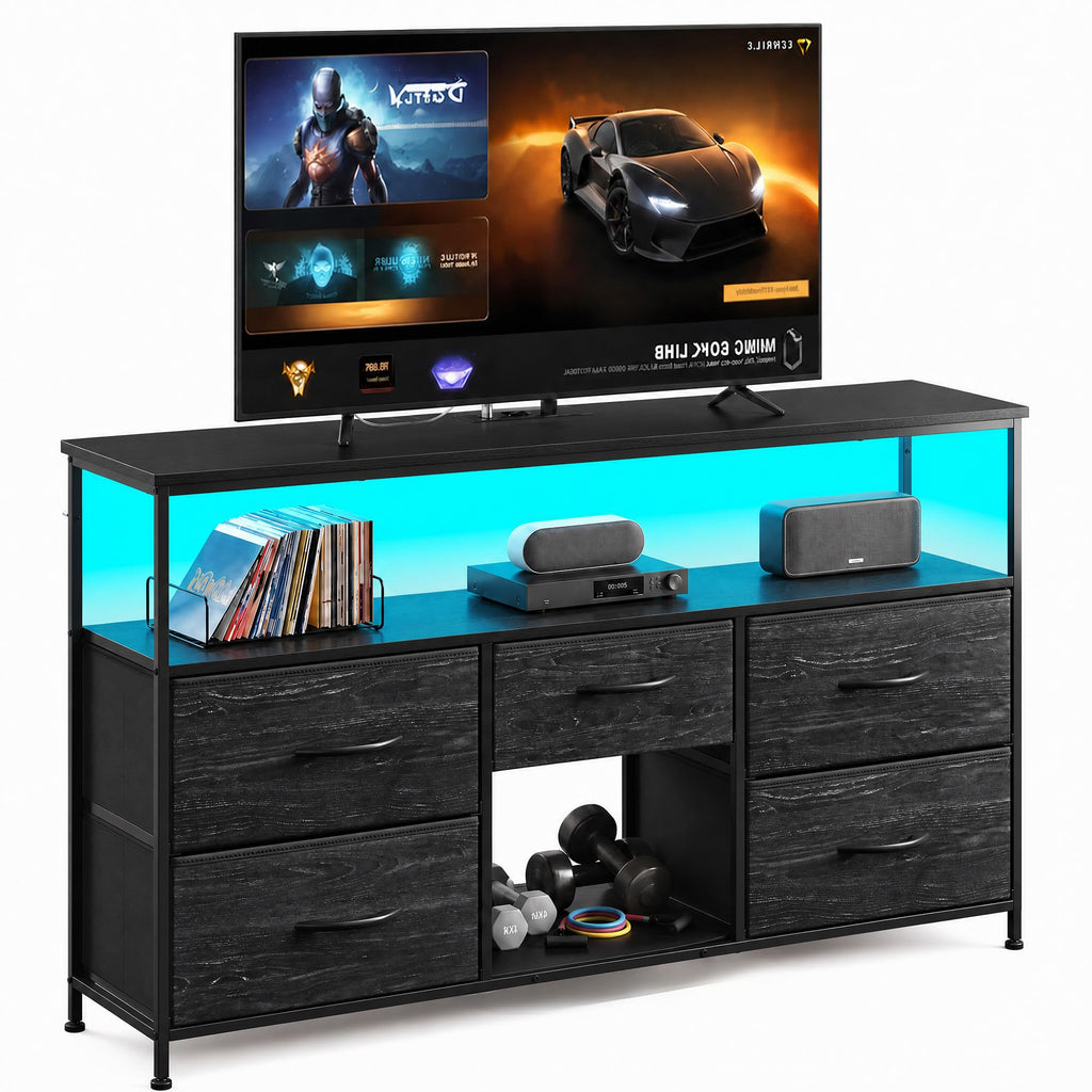 Black TV Stand with LED & Outlets, 5-Drawer Storage Y274249