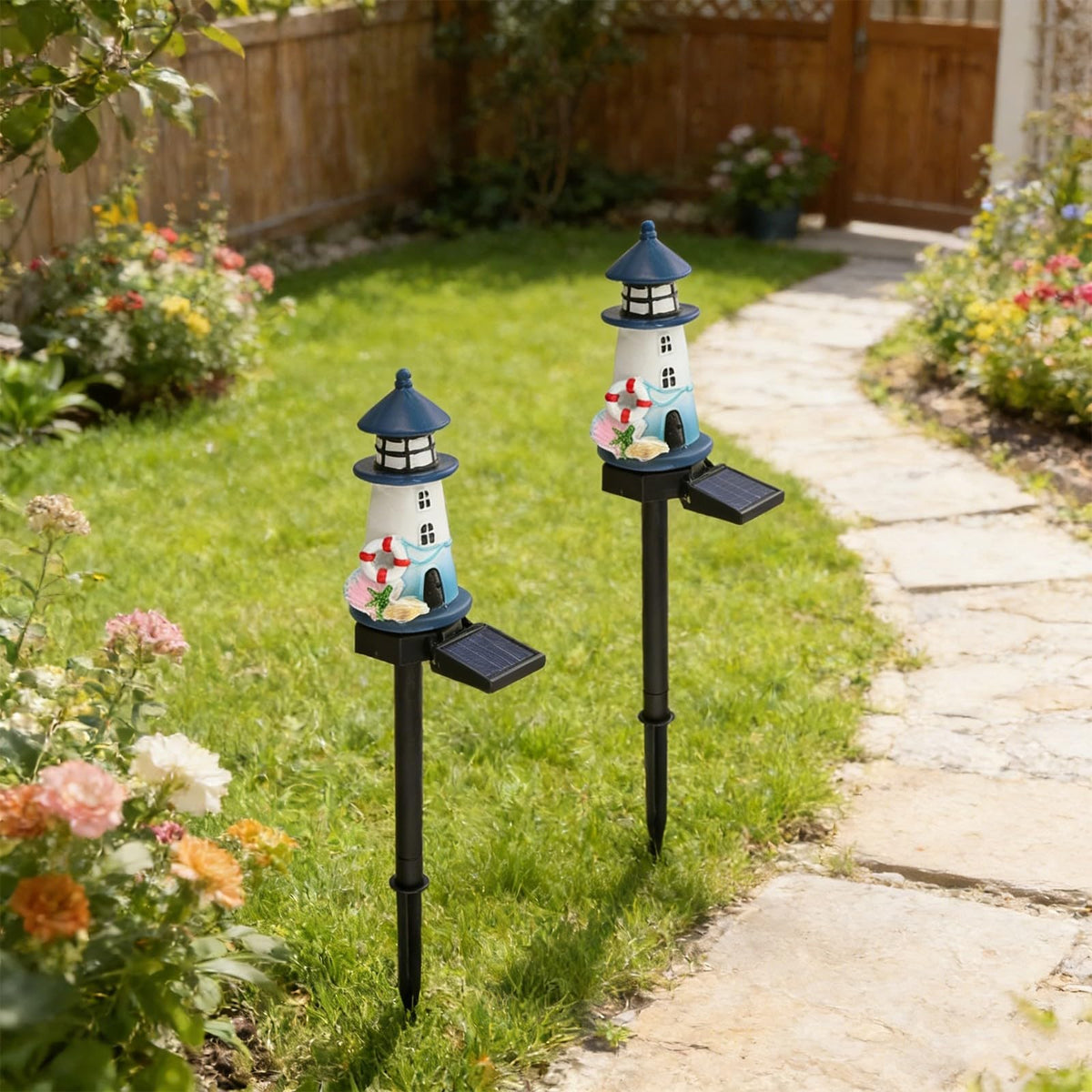Solar Lighthouse Garden Lights, 2-Pack Resin Solar Powered F838578
