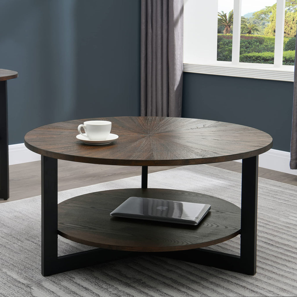 Round Coffee Table with Storage Shelf, Black Metal Legs, 35.3''D x 17.8''H I54141