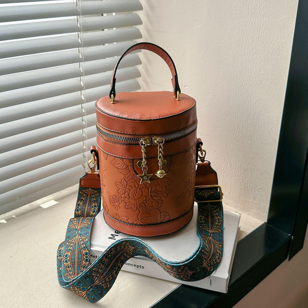 Round Barrel Bucket Bag Embossed Vegan Leather Crossbody Handbag D8556