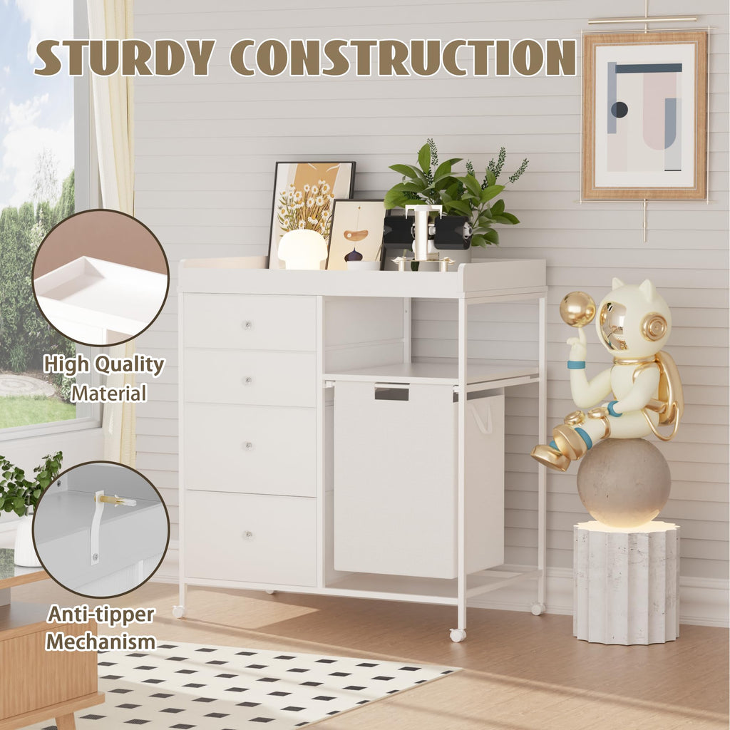 White 4 Drawer Changing Table Dresser with Laundry Hamper W15782