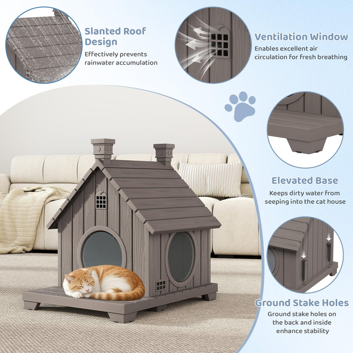 Weatherproof Resin Outdoor Cat House with Elevated Base Z793432