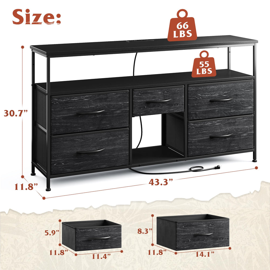 Black TV Stand with LED & Outlets, 5-Drawer Storage Y274249