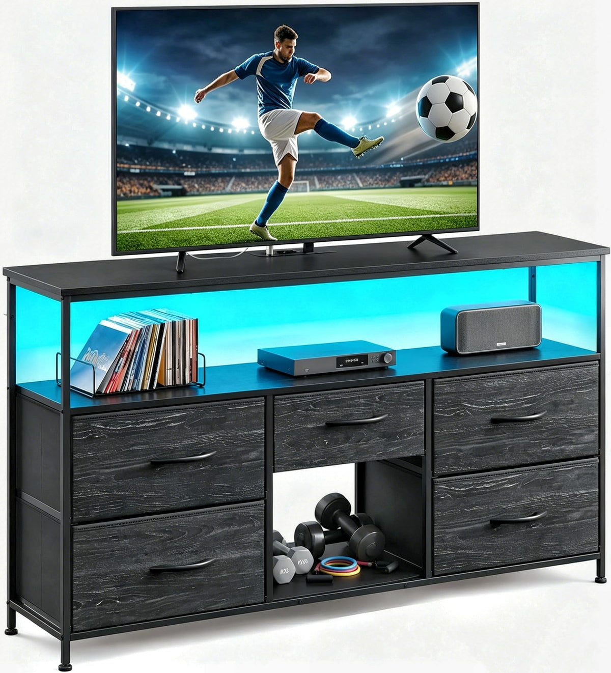 Black TV Stand with LED & Outlets, 5-Drawer Storage Y274249