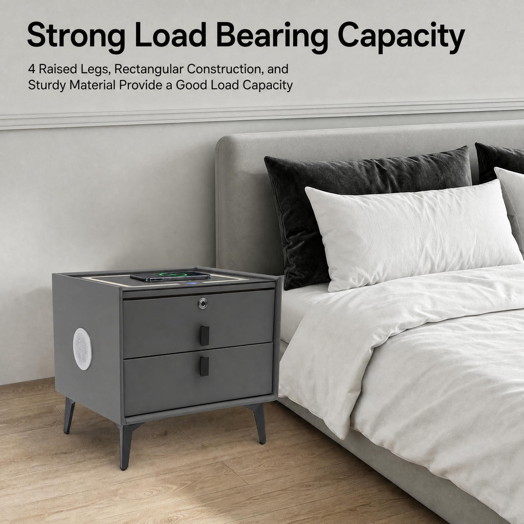 Nightstand with Charging Station, 2 Drawers, Fingerprint Lock, LED Light B94461
