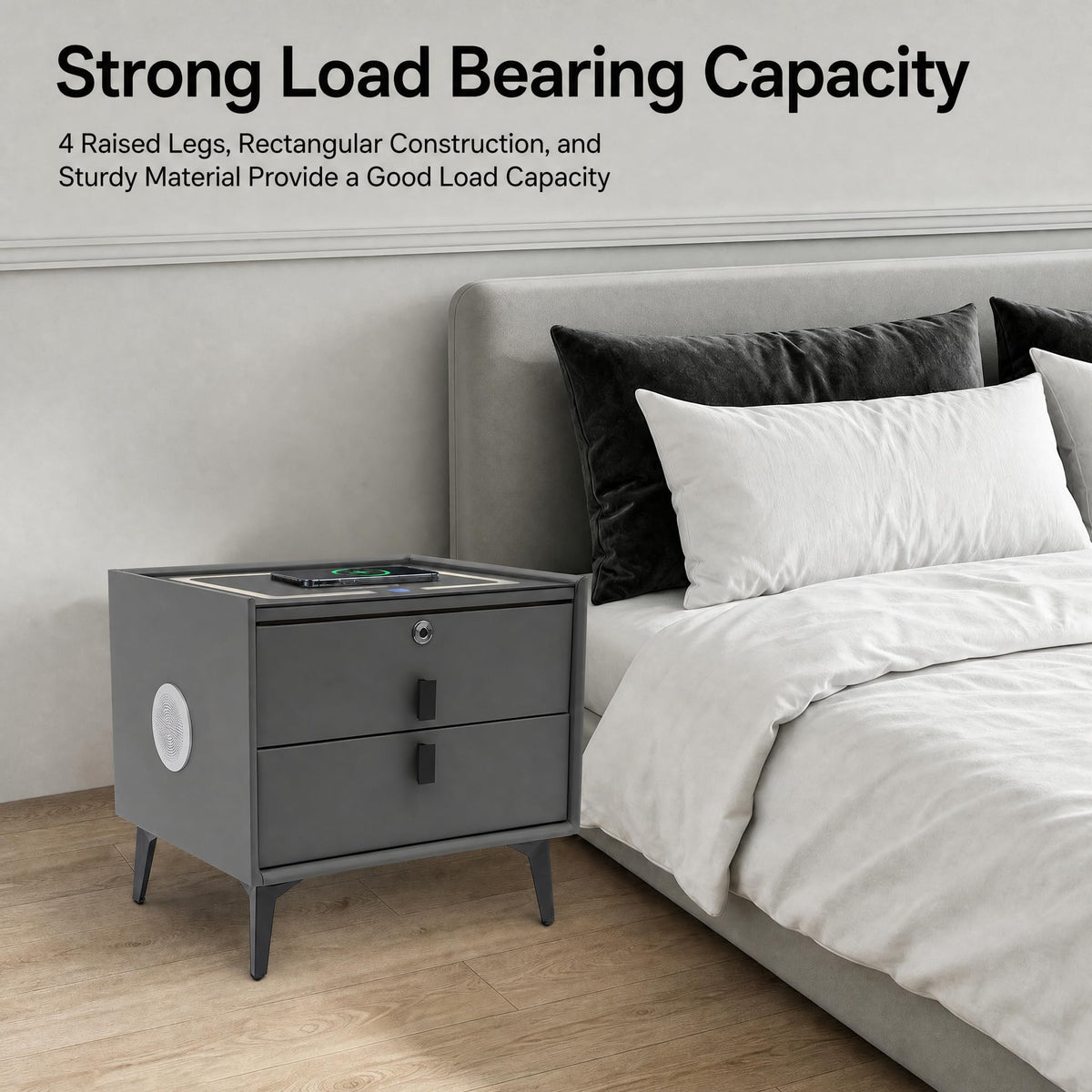 Nightstand with Charging Station, 2 Drawers, Fingerprint Lock, LED Light B94461