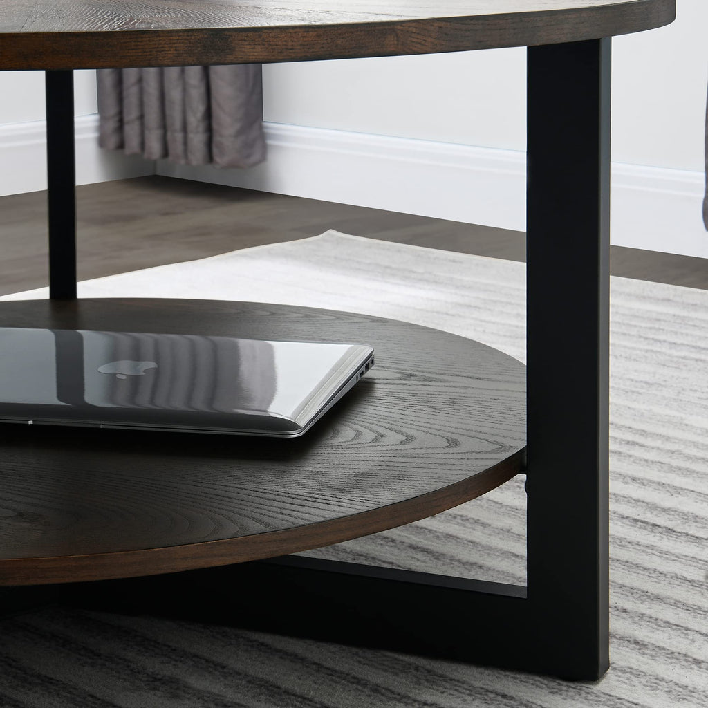 Round Coffee Table with Storage Shelf, Black Metal Legs, 35.3''D x 17.8''H I54141