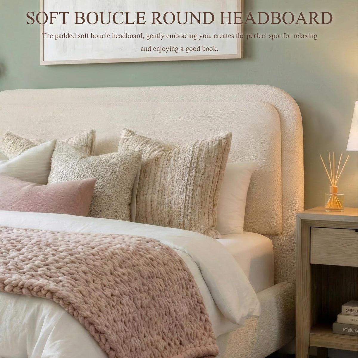 Queen Size Bed Frame with Headboard Beige P63295