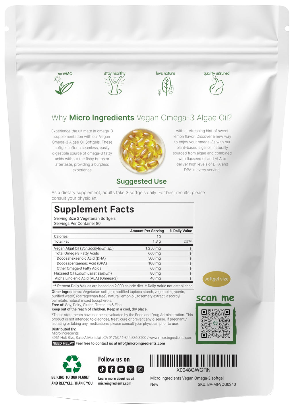 Vegan Omega 3 Algae Oil 240 Veggie Softgels DHA 500mg DPA 100mg Lemon Flavored G78444