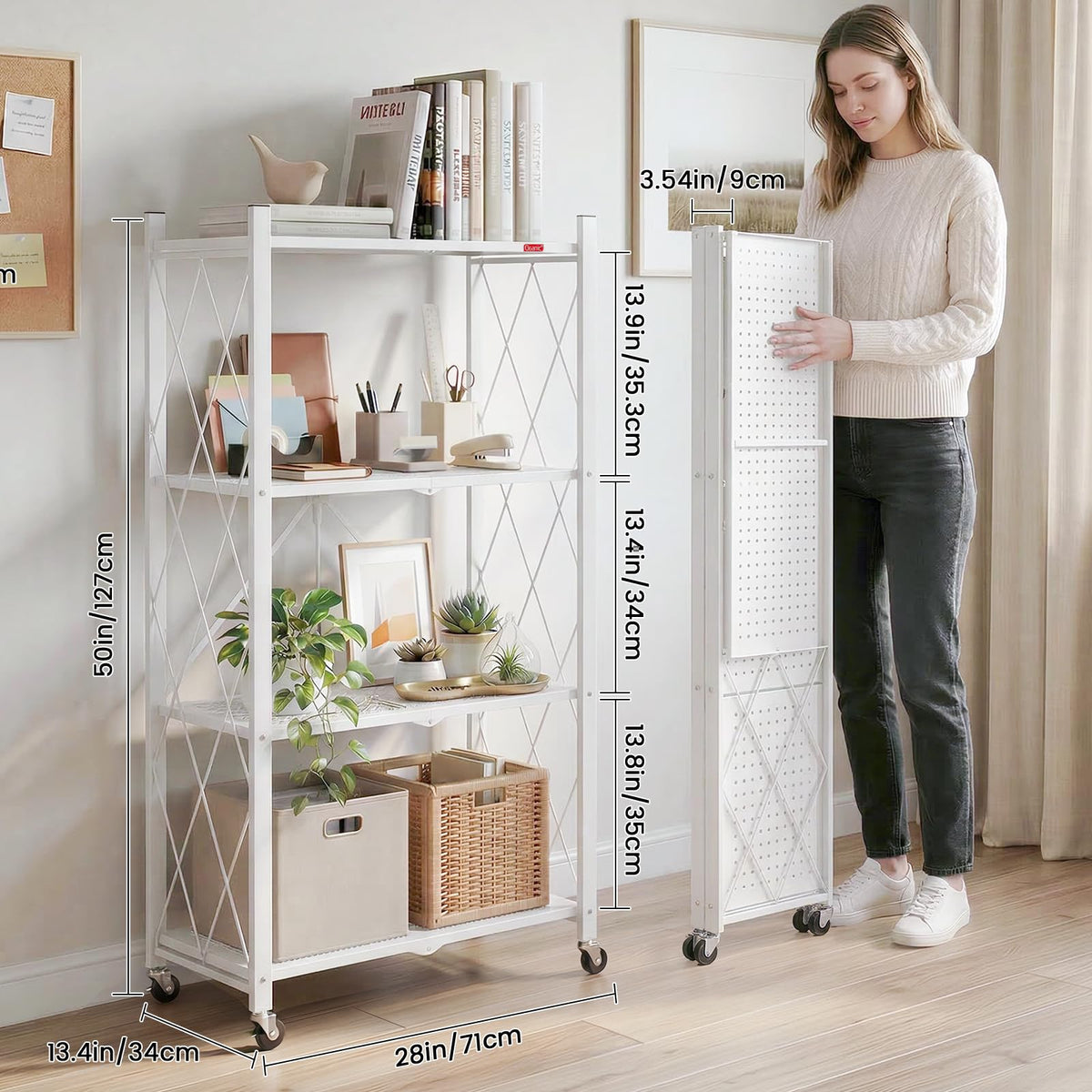 4 Tier White Metal Storage Shelves with Wheels Q537954
