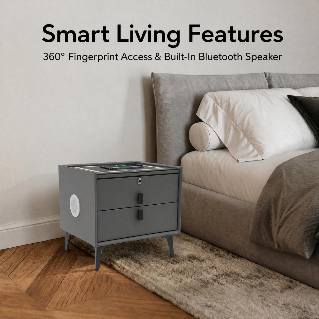 Nightstand with Charging Station, 2 Drawers, Fingerprint Lock, LED Light B94461