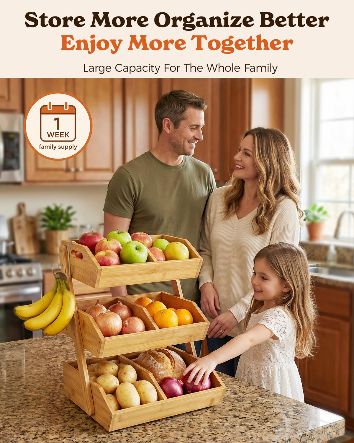 3-Tier Bamboo Fruit Basket with 2 Banana Holders D48761