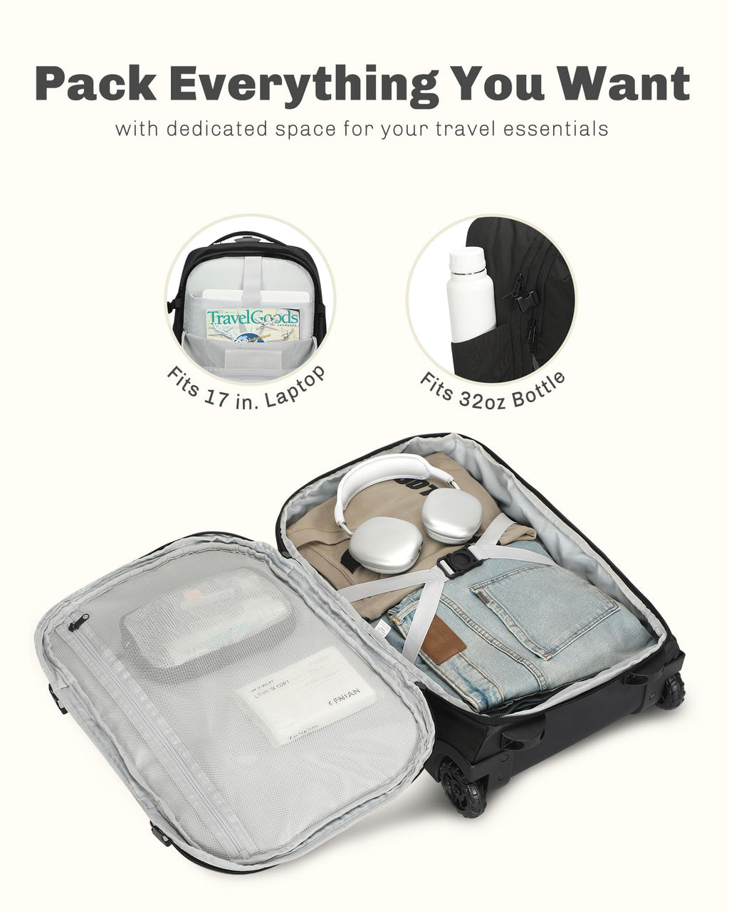Rolling Backpack with Wheels 43L Jet Black I8570