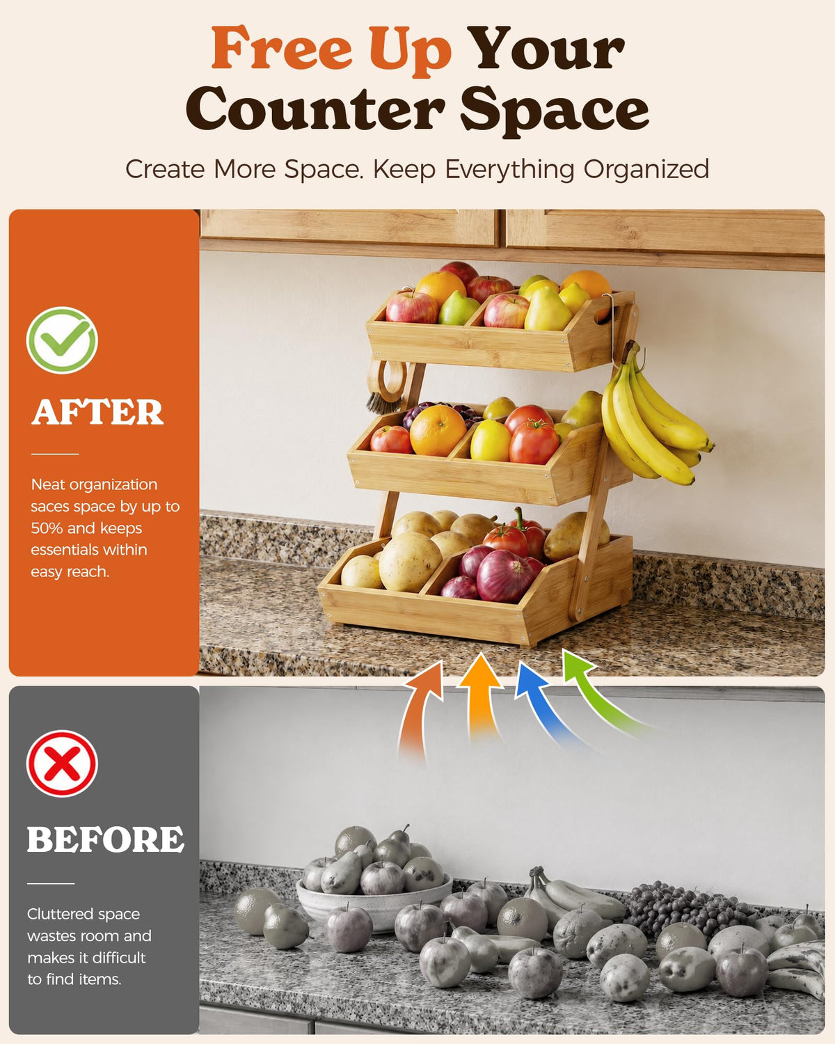 3-Tier Bamboo Fruit Basket with 2 Banana Holders D48761