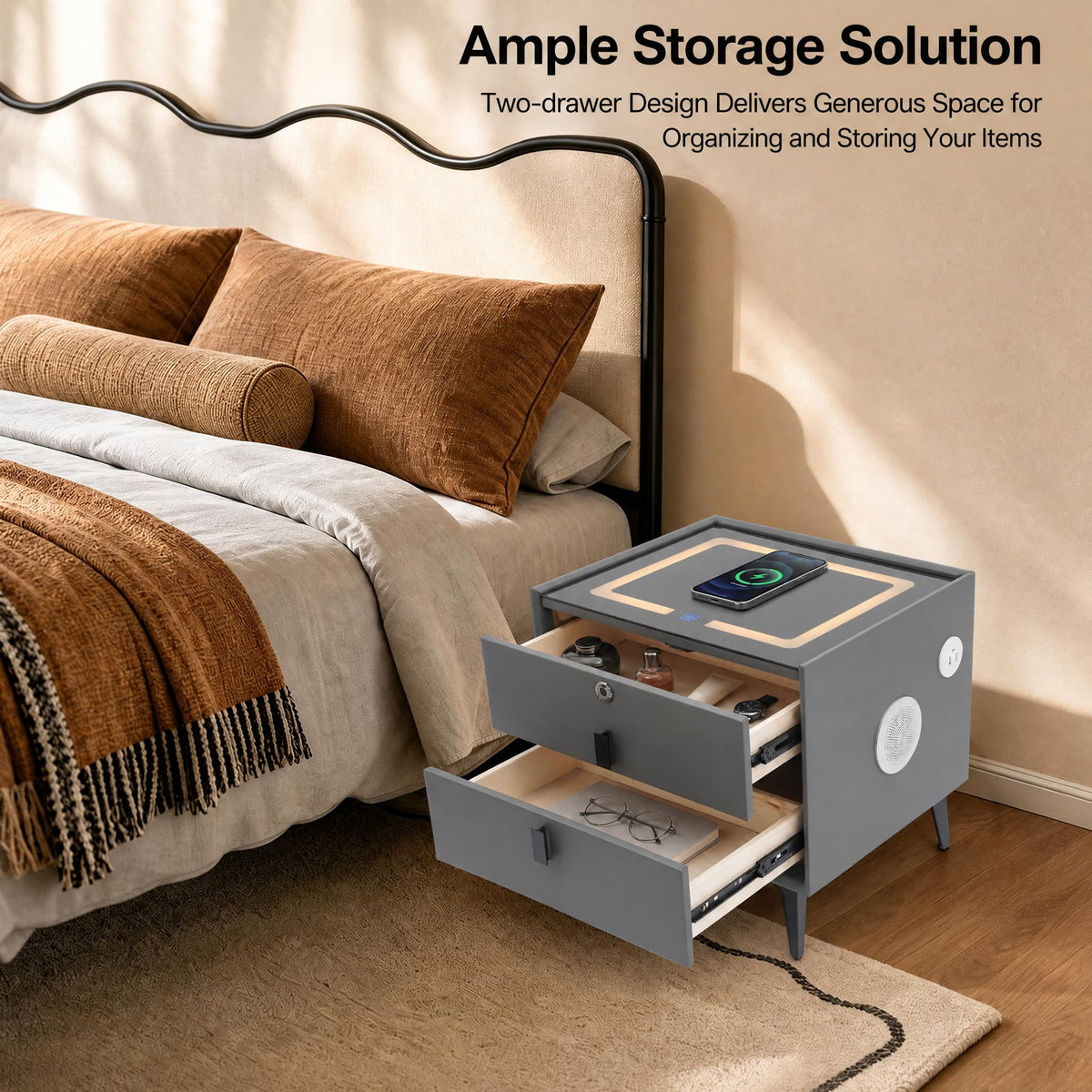 Nightstand with Charging Station, 2 Drawers, Fingerprint Lock, LED Light B94461