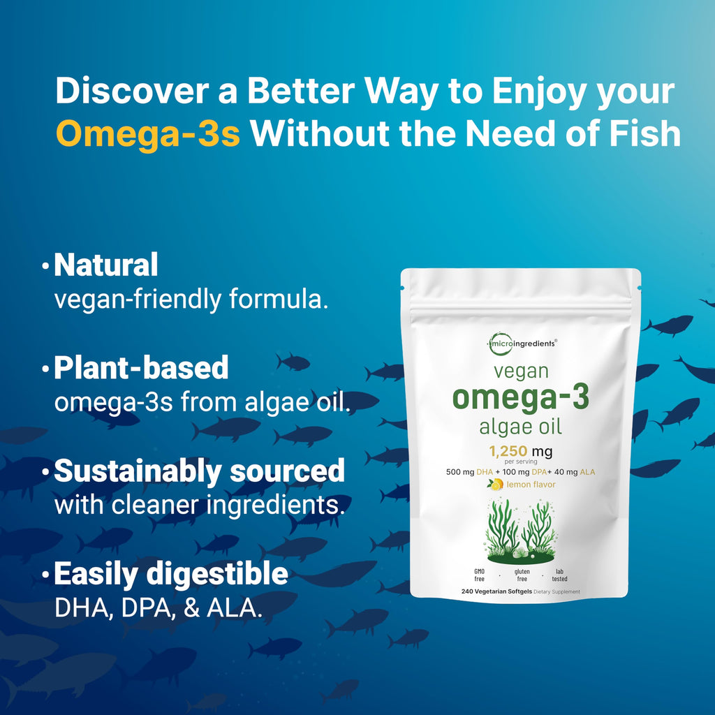 Vegan Omega 3 Algae Oil 240 Veggie Softgels DHA 500mg DPA 100mg Lemon Flavored G78444