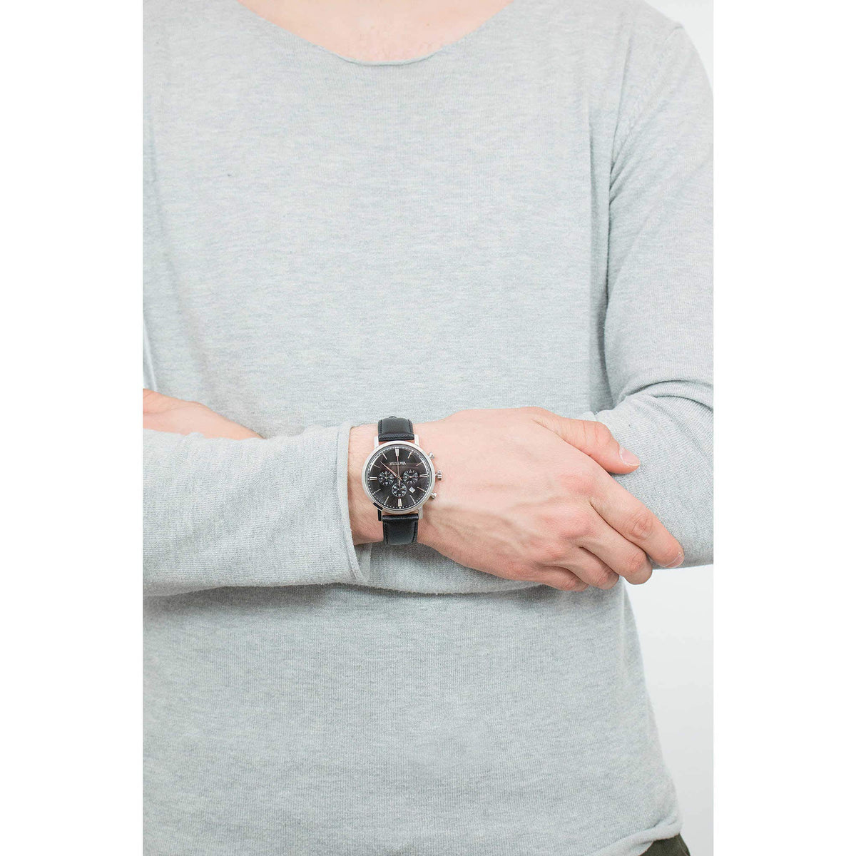 Men's Stainless Steel Chronograph Watch with Black Leather Strap T2427