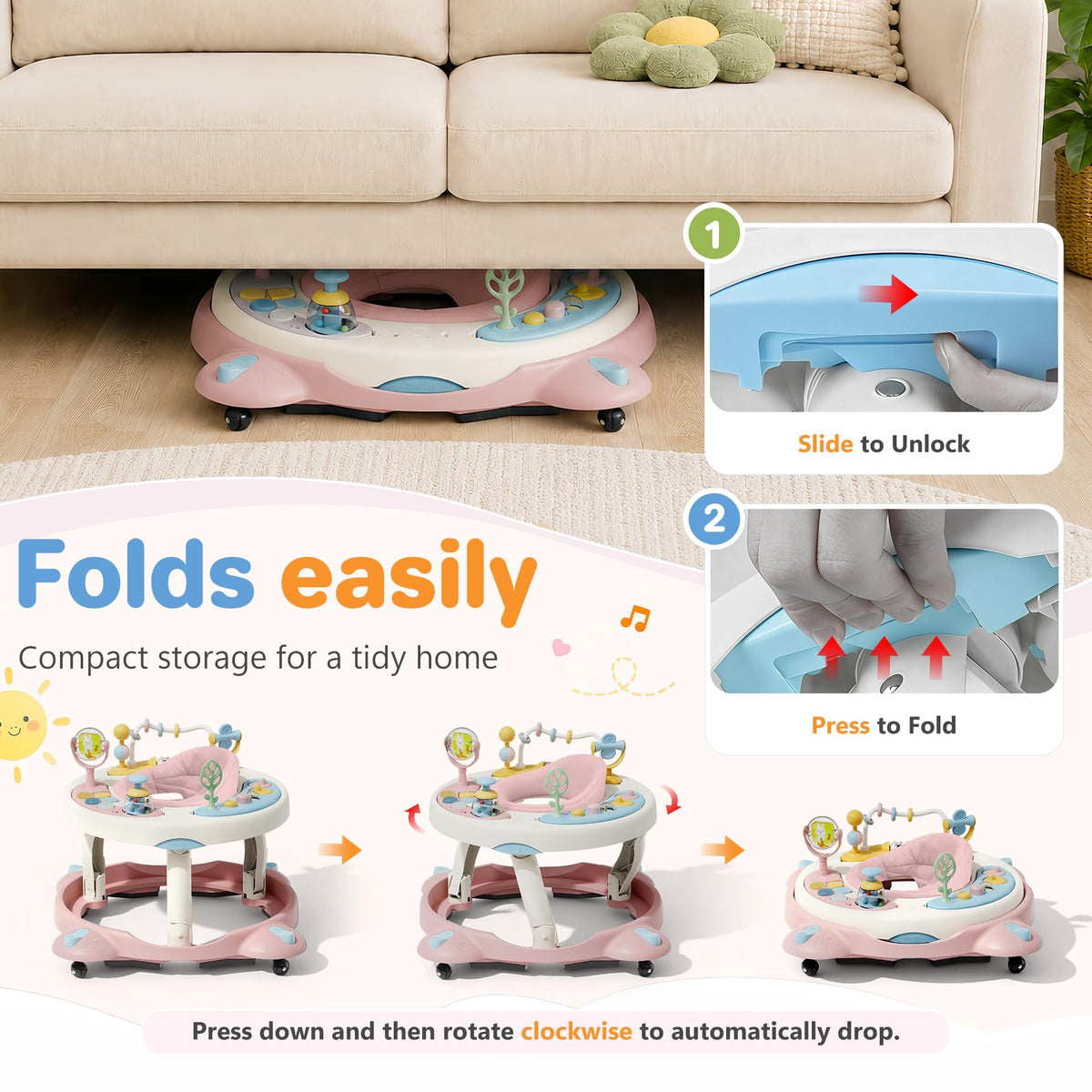 Foldable Baby Walker with Wheels and Rotating Seat S360750