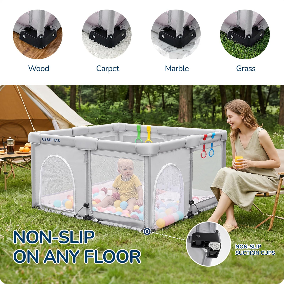 Foldable Lightweight Portable Playpen with Carry Bag, 50"x50" Light Gray N873