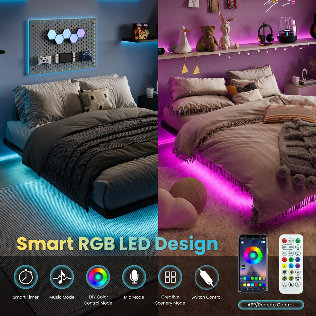 Full Size Floating Bed Frame with LED Lights, Black W95979