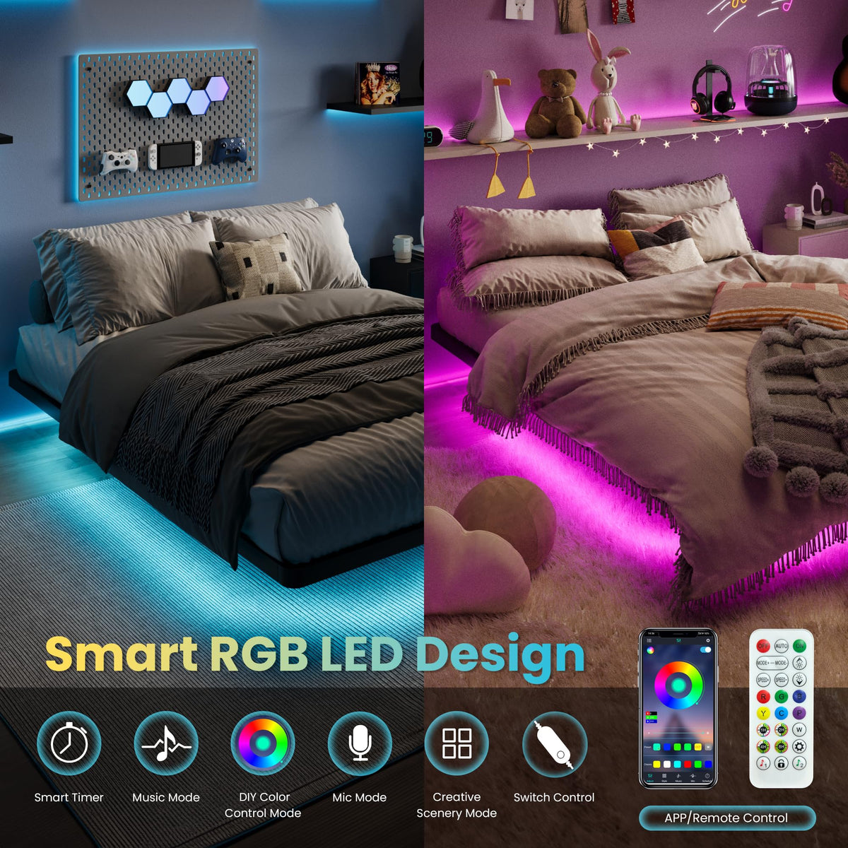 Full Size Floating Bed Frame with LED Lights, Black W95979