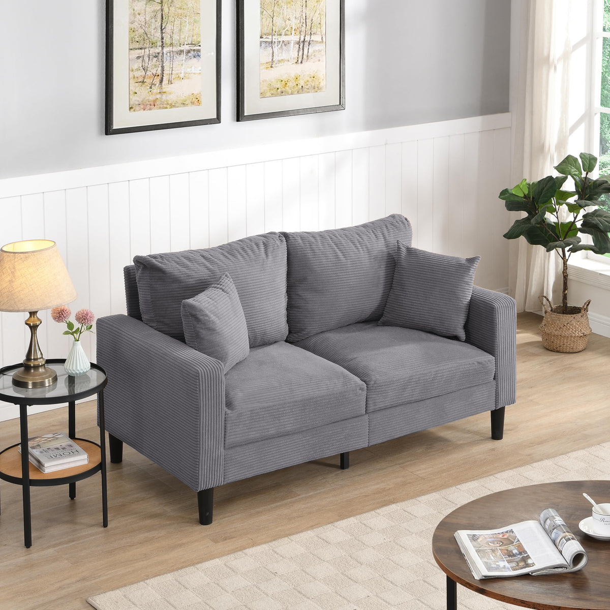Light Gray 2-seat Upholstered Sofa with 2 Pillows V976