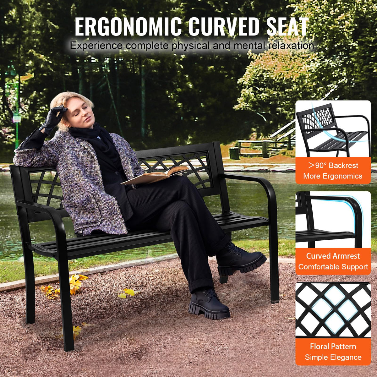 46" Iron Steel Frame Garden Bench with Mesh Pattern and Plastic Backrest L840