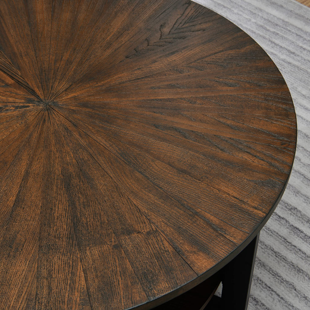 Round Coffee Table with Storage Shelf, Black Metal Legs, 35.3''D x 17.8''H I54141