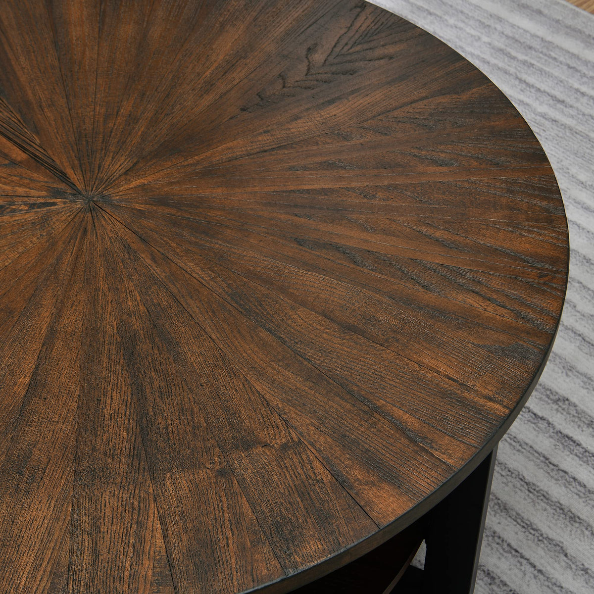 Round Coffee Table with Storage Shelf, Black Metal Legs, 35.3''D x 17.8''H I54141
